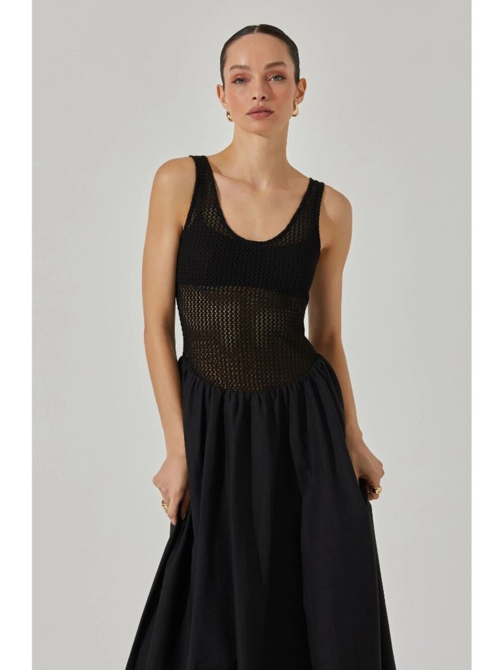 🆕ASTR Contrast Bubble Hem Mesh Top Midi Dress Medium Black - Picture 4 of 13